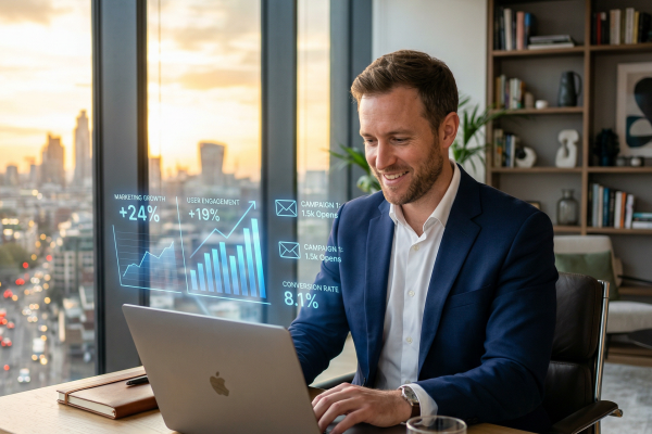 Ein lächelnder Geschäftsmann im dunkelblauen Sakko und weißem Hemd sitzt an einem Holzschreibtisch und arbeitet an einem MacBook. Aus dem Bildschirm steigen holographisch dargestellte Marketing-Kennzahlen auf — darunter „Marketing Growth +24%", „User Engagement +19%", „Conversion Rate 8.1%" sowie Linien- und Balkendiagramme. Im Hintergrund ein Panoramafenster mit Stadtblick bei Sonnenuntergang.