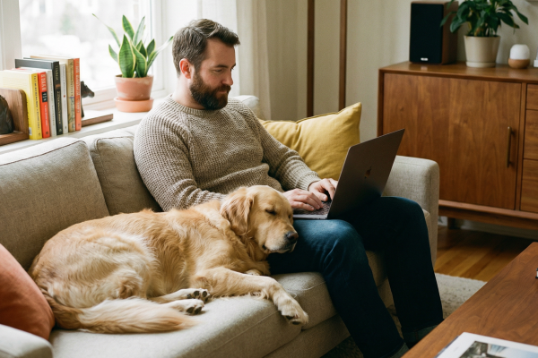 Ein bärtiger Mann in einem beigen Strickpullover und dunkler Jeans sitzt entspannt auf einem hellgrauen Sofa und arbeitet an einem Laptop. Neben ihm liegt ein schlafender Golden Retriever, der seinen Kopf auf dem Schoß des Mannes abgelegt hat. Im Hintergrund ein gemütliches Wohnzimmer mit Bücherregal auf der Fensterbank, Zimmerpflanzen, einem Holzsideboard und warmem natürlichem Licht.