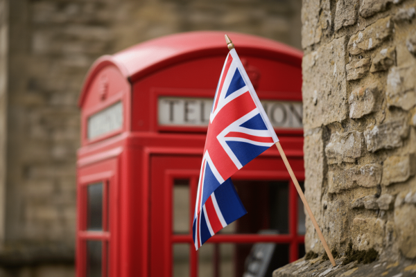 Eine kleine Union-Jack-Flagge auf einem Holzstab lehnt an einer Natursteinmauer, im unscharfen Hintergrund eine klassische rote britische Telefonzelle mit der Aufschrift „TELEPHONE".