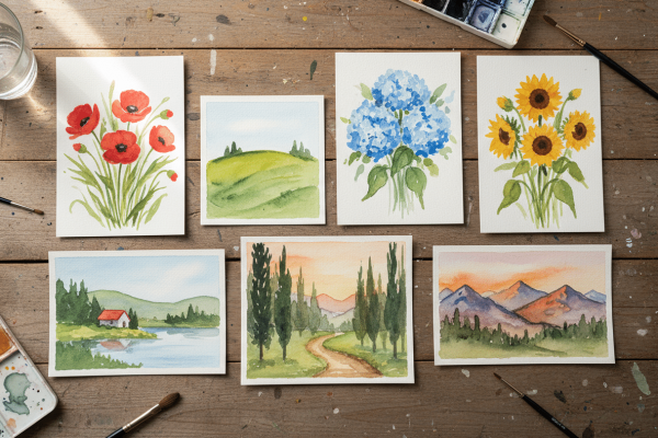 Sieben fertige Aquarellbilder auf einem Holztisch, daneben Pinsel und zwei Aquarellpaletten. Die Motive: rote Mohnblumen, eine grüne Hügellandschaft, blaue Hortensien, Sonnenblumen, ein Haus am See, eine Zypressenallee im Abendlicht und ein Bergpanorama bei Sonnenuntergang.