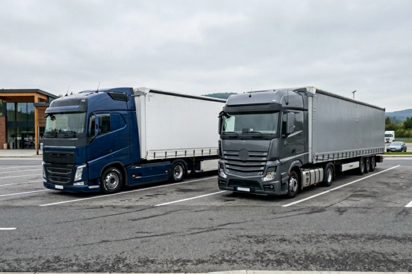 Zwei moderne europäische Sattelzüge mit Planenaufbauten stehen nebeneinander auf einem Autobahn-Rastplatz – ein blauer Volvo und ein grauer Mercedes-Benz. Im Hintergrund ein Rasthaus, Bäume und bewölkter Himmel.