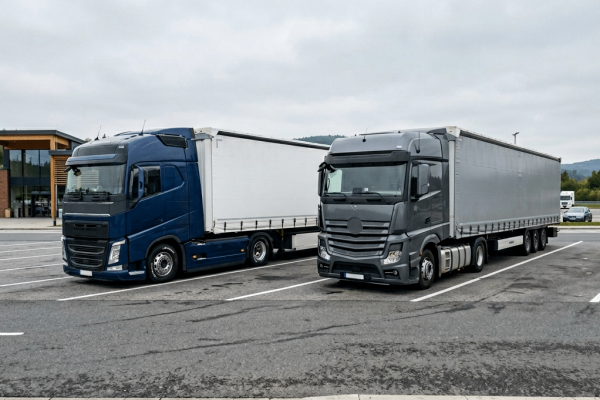Zwei moderne europäische Sattelzüge mit Planenaufbauten stehen nebeneinander auf einem Autobahn-Rastplatz – ein blauer Volvo und ein grauer Mercedes-Benz. Im Hintergrund ein Rasthaus, Bäume und bewölkter Himmel.