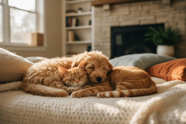 Eine orangefarbene Katze und ein goldbrauner Welpe liegen eng aneinandergeschmiegt schlafend auf einer weißen Strickdecke im Sonnenlicht. Im Hintergrund ein helles, gemütliches Wohnzimmer mit Kamin, Bücherregal und bunten Kissen.