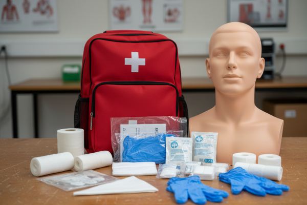 Firefly_auf einem Tisch steht ein Erste Hilfe Rucksack, eine Erste Hilfe Übungspuppe, Erste H 255865