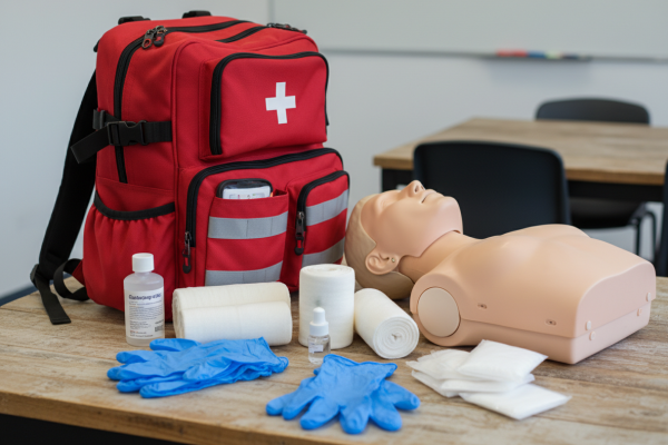 Auf einem Holztisch in einem Schulungsraum stehen ein roter Erste-Hilfe-Rucksack mit weißem Kreuz und Reflexstreifen sowie eine Reanimationspuppe (Oberkörper). Davor sind verschiedene Erste-Hilfe-Materialien ausgebreitet: blaue Einmalhandschuhe, Verbandsbinden, eine Desinfektionsflasche, ein kleines Fläschchen und Kompressen. Im Hintergrund weitere Tische und Stühle eines Kursraums.