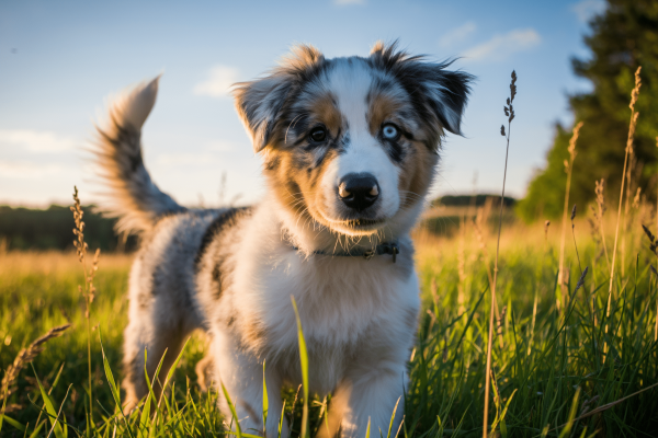 Ein junger Australian Shepherd Welpe mit blau-weiß-braunem Merle-Fell und auffälligen blauen Augen steht neugierig in hohem Wiesengras und schaut in die Kamera. Das Fell ist leicht zerzaust, um den Hals trägt er ein kleines Halsband. Im Hintergrund goldenes Abendlicht, eine weite Wiese und ein blauer Himmel mit wenigen Wolken.