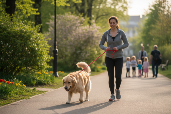 Firefly_eine frau geht mit einem hund in einem park spazieren. der hund zieht dabei an der le 663432