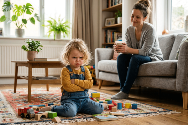 Ein kleines Kind sitzt mit verschränkten Armen und schmollendem Gesichtsausdruck auf einem Teppich im Wohnzimmer, umgeben von Bauklötzen, einem Spielzeugauto und einem Bilderbuch. Im Hintergrund sitzt eine Frau auf dem Sofa und beobachtet das Kind ruhig mit einer Tasse in den Händen. Die helle, gemütliche Wohnumgebung mit Pflanzen, Büchern und Spielzeug verdeutlicht eine typische Trotzphase im Familienalltag und den gelassenen Umgang damit.