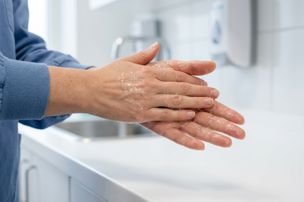 Nahaufnahme einer Person, die sich in einem hellen Waschraum gründlich die nassen Hände reibt. Im unscharfen Hintergrund sind ein Waschbecken und ein Seifenspender zu sehen, wodurch die Szene das Thema Händehygiene und Infektionsschutz vermittelt.