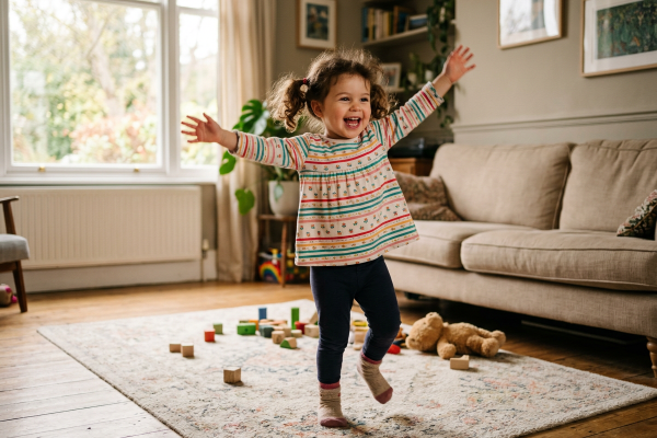 Ein kleines Kind tanzt fröhlich mit weit ausgestreckten Armen in einem gemütlichen Wohnzimmer. Auf dem Teppich liegen bunte Bauklötze und ein Teddybär, während Sofa, Bücherregal, große Fenster und warmes Tageslicht eine freundliche Familienatmosphäre schaffen. Die Szene vermittelt Freude an Bewegung, spielerischen Kindertanz und unbeschwertes Ausprobieren zu Hause.