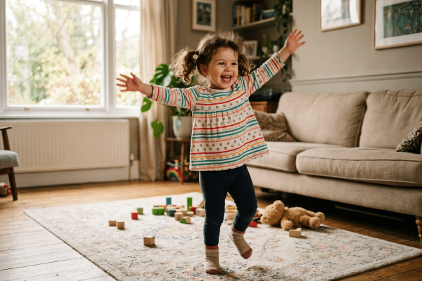 Ein kleines Kind tanzt fröhlich mit weit ausgestreckten Armen in einem gemütlichen Wohnzimmer. Auf dem Teppich liegen bunte Bauklötze und ein Teddybär, während Sofa, Bücherregal, große Fenster und warmes Tageslicht eine freundliche Familienatmosphäre schaffen. Die Szene vermittelt Freude an Bewegung, spielerischen Kindertanz und unbeschwertes Ausprobieren zu Hause.
