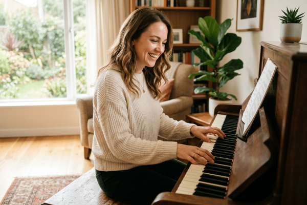 Eine Frau sitzt lächelnd an einem Klavier in einem hellen, gemütlichen Wohnzimmer und spielt nach Noten. Große Fenster mit Blick in den Garten, Holzboden, Teppich, Bücherregal, Sessel und Zimmerpflanzen schaffen eine warme, wohnliche Atmosphäre. Die Szene vermittelt Freude am Musizieren, konzentriertes Üben und eine einladende Umgebung für einen Online-Klavierkurs oder das Klavierlernen zu Hause.