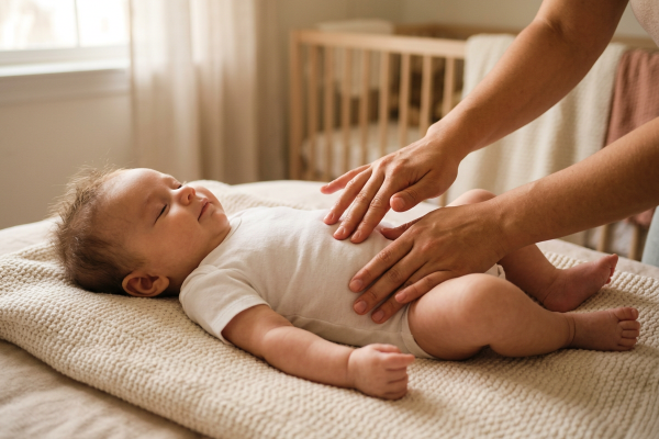 Säugling im weißen Body liegt entspannt auf einer hellen Strickdecke, während zwei Hände sanft seinen Bauch massieren. Im Hintergrund ein warmtoniges Kinderzimmer mit Holzgitterbett.