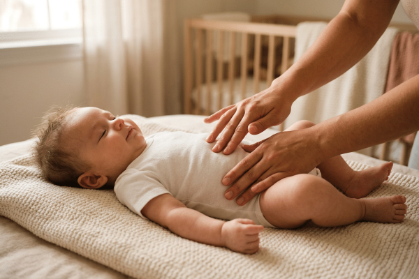 Säugling im weißen Body liegt entspannt auf einer hellen Strickdecke, während zwei Hände sanft seinen Bauch massieren. Im Hintergrund ein warmtoniges Kinderzimmer mit Holzgitterbett.