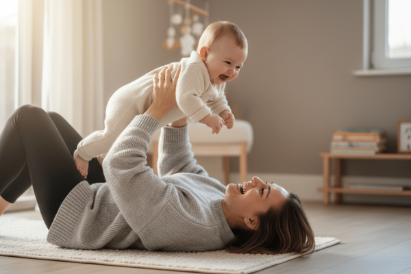 Eine Mutter liegt lächelnd auf einem Teppich in einem hellen Wohnzimmer und hebt ihr fröhliches Baby spielerisch über sich in die Luft. Im Hintergrund sind ein Fenster, ein Mobile und ein niedriges Regal mit Büchern zu sehen; die warme, ruhige Szene vermittelt Nähe, Freude und gemeinsame Zeit mit dem Kind.