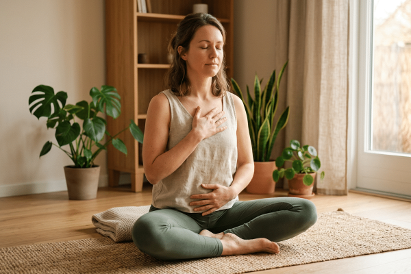 Frau in beigem Tanktop und grüner Leggings sitzt mit geschlossenen Augen im Schneidersitz auf einem Jute-Teppich, eine Hand auf der Brust, eine auf dem Bauch — eine Atemübung oder Meditation. Im Hintergrund ein helles Wohnzimmer mit mehreren Zimmerpflanzen, einem Holzregal und einem Fenster.