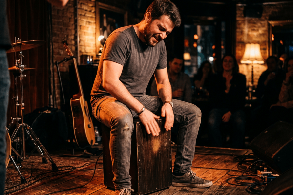 Ein Mann sitzt auf einer kleinen Bühne auf einer Cajón und spielt konzentriert mit beiden Händen darauf. Warmes Bühnenlicht, Backsteinwände, Holzboden, Kabel, ein Mikrofon, ein Schlagzeugständer und eine Gitarre im Hintergrund schaffen eine intime Live-Atmosphäre. Im Publikum sitzen mehrere Personen, die dem Auftritt aufmerksam folgen. Die Szene vermittelt Rhythmusgefühl, Percussion, musikalische Energie und das Spielen einer Cajón in einem kleinen Konzert- oder Kursumfeld.