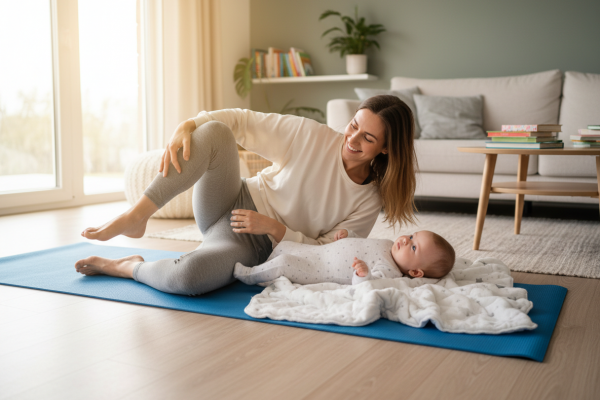 Eine Mutter macht auf einer blauen Yogamatte eine sanfte Übung in Seitenlage, während ihr Baby neben ihr auf einer weichen Decke liegt. Das helle Wohnzimmer mit Sofa, Pflanzen und Tageslicht vermittelt eine ruhige, unterstützende Atmosphäre für Rückbildung, Bewegung und gemeinsame Zeit mit dem Baby.