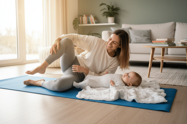 Eine Mutter macht auf einer blauen Yogamatte eine sanfte Übung in Seitenlage, während ihr Baby neben ihr auf einer weichen Decke liegt. Das helle Wohnzimmer mit Sofa, Pflanzen und Tageslicht vermittelt eine ruhige, unterstützende Atmosphäre für Rückbildung, Bewegung und gemeinsame Zeit mit dem Baby.