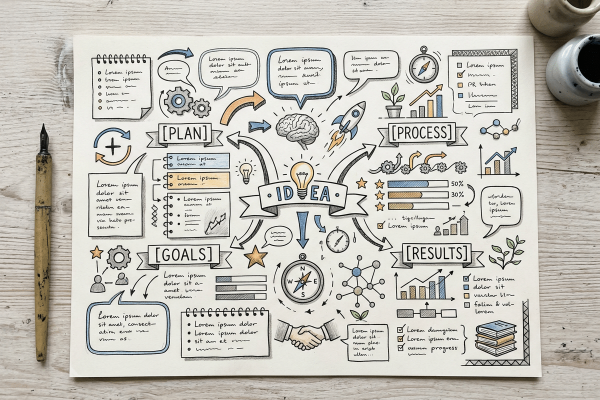 Farbige Sketchnote-Übersicht mit zentralem „IDEA"-Banner, strukturiert in Plan, Process, Goals und Results, mit Federhalter und Tintengläsern.