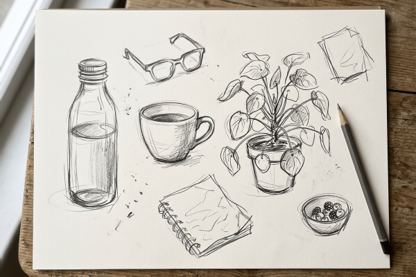 Skizzenpapier auf Holztisch mit lockeren Bleistiftzeichnungen alltäglicher Objekte: Glasflasche, Kaffeetasse, Zimmerpflanze im Topf, Brille, Spiralnotizbuch, Schale mit Beeren und ein Bilderrahmen. Daneben ein Bleistift.