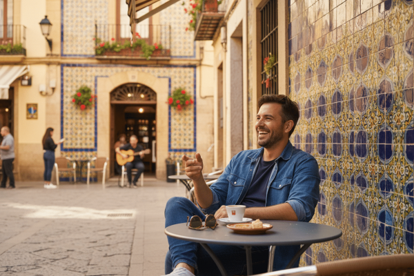Ein lachender Mann sitzt entspannt an einem kleinen Café-Tisch in einem sonnigen spanischen Innenhof. Vor ihm stehen eine Tasse Kaffee und ein kleines Gebäck, während im Hintergrund bunte Fliesen, blühende Balkone und ein Musiker mit Gitarre die lebendige, mediterrane Atmosphäre unterstreichen.