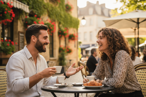 Ein Mann und eine Frau sitzen lachend an einem Tisch auf der Terrasse eines französischen Straßencafés, vor sich Kaffee und ein Croissant. Im Hintergrund ein blumengeschmücktes Steingebäude.