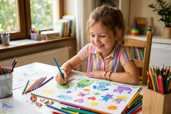 Ein lächelndes Kind sitzt an einem hellen Tisch und malt mit bunten Stiften ein großes Bild mit Haus, Sonne, Bäumen, Blumen, Sternen und Fantasietieren. Auf dem Tisch liegen viele Farbstifte, weitere Zeichnungen und kleine Bastelmaterialien; im Hintergrund sind Bücher, Spielzeug und ein Fenster mit Blick ins Grüne zu sehen. Die freundliche, farbenfrohe Szene vermittelt Kreativität, spielerisches Lernen und Freude am Zeichnen.