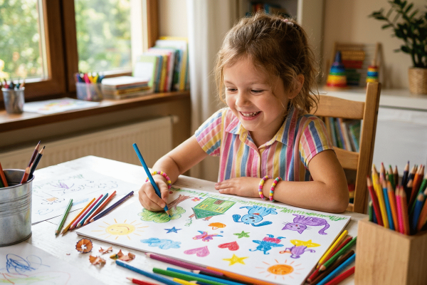 Ein lächelndes Kind sitzt an einem hellen Tisch und malt mit bunten Stiften ein großes Bild mit Haus, Sonne, Bäumen, Blumen, Sternen und Fantasietieren. Auf dem Tisch liegen viele Farbstifte, weitere Zeichnungen und kleine Bastelmaterialien; im Hintergrund sind Bücher, Spielzeug und ein Fenster mit Blick ins Grüne zu sehen. Die freundliche, farbenfrohe Szene vermittelt Kreativität, spielerisches Lernen und Freude am Zeichnen.