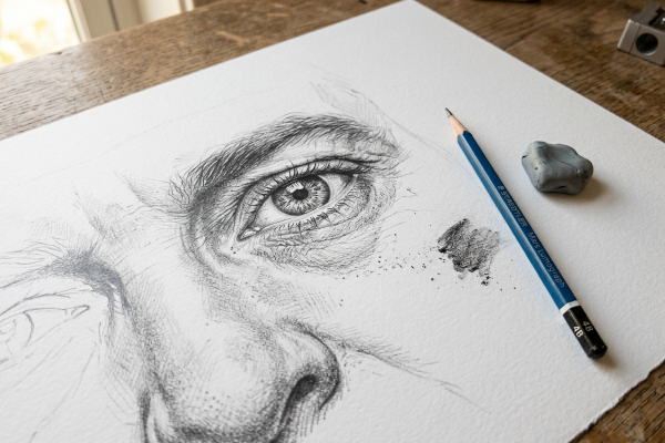 Nahaufnahme einer detaillierten Bleistiftzeichnung eines menschlichen Auges mit Augenbraue und Nasenansatz auf weißem Papier, liegend auf einem Holztisch. Daneben ein Staedtler Mars Lumograph 4B und ein Knetradiergummi.