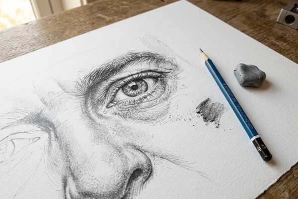 Nahaufnahme einer detaillierten Bleistiftzeichnung eines menschlichen Auges mit Augenbraue und Nasenansatz auf weißem Papier, liegend auf einem Holztisch. Daneben ein Staedtler Mars Lumograph 4B und ein Knetradiergummi.