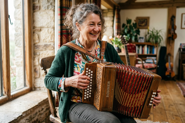Eine lächelnde Frau sitzt in einem gemütlichen, rustikal eingerichteten Raum am Fenster und spielt eine Ziehharmonika. Die warmen Holzböden, sichtbaren Balken, Natursteinwände und weitere Musikinstrumente im Hintergrund schaffen eine einladende Atmosphäre. Die Szene vermittelt Freude am Musizieren, traditionelles Instrumentalspiel und einen entspannten Einstieg in das Lernen der Ziehharmonika.