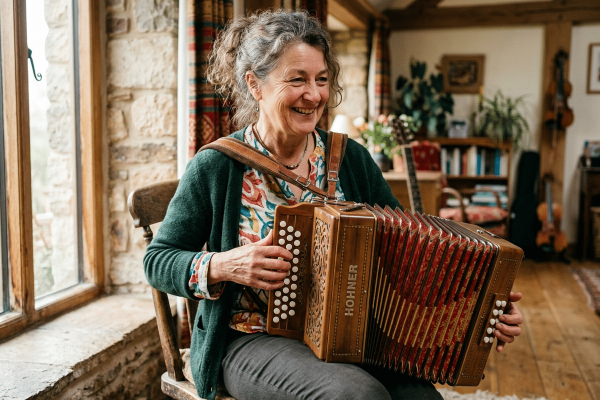 Eine lächelnde Frau sitzt in einem gemütlichen, rustikal eingerichteten Raum am Fenster und spielt eine Ziehharmonika. Die warmen Holzböden, sichtbaren Balken, Natursteinwände und weitere Musikinstrumente im Hintergrund schaffen eine einladende Atmosphäre. Die Szene vermittelt Freude am Musizieren, traditionelles Instrumentalspiel und einen entspannten Einstieg in das Lernen der Ziehharmonika.